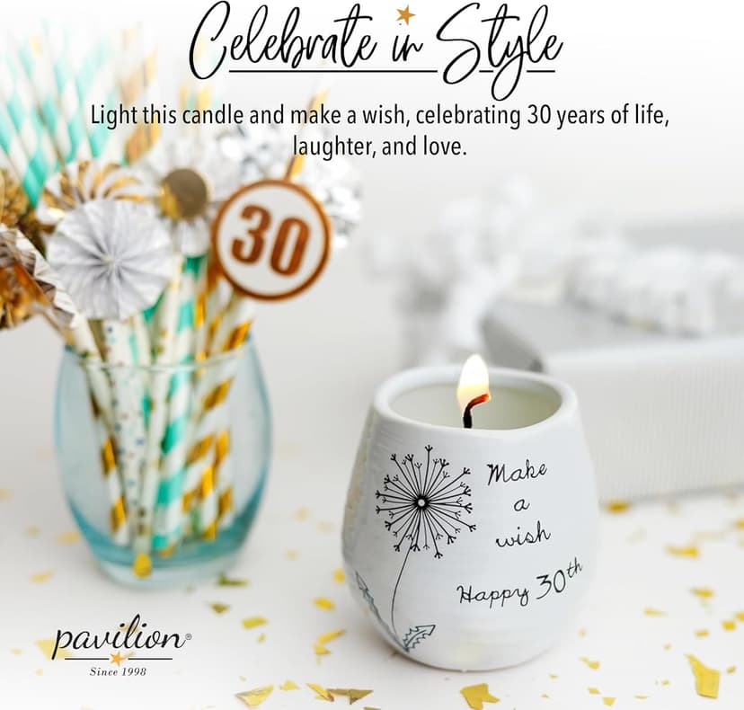 Pavilion - 8 Oz Candle Holder - White Ceramic Candle Jar with 100% Soy Wax Candle Serenity Scent "Make a wish Happy 30th" Ideal Gift for Loved Ones - Printed Text, Love Theme & Oval Shape