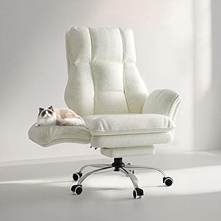 Big and Tall Office Chair, Flip Armrests for Pets & Cross Legged Sitting, Executive Ergonomic Computer Gaming Chair with Foot Rest, Teddy Fleece Wide Seat Reclining Desk Chair, White Vanity Chair