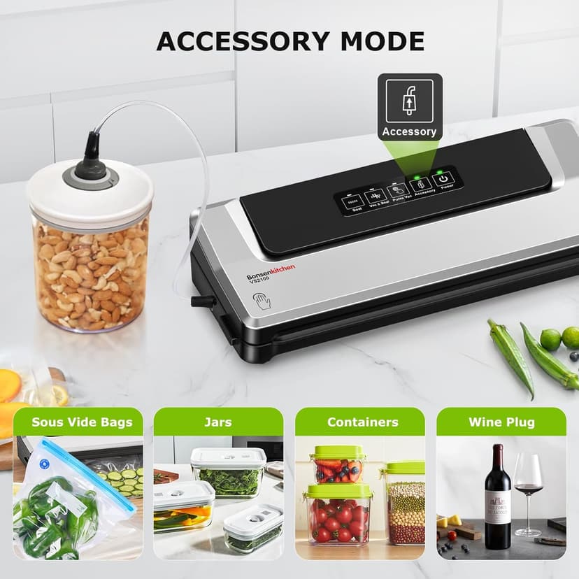 Bonsenkitchen Vacuum Sealer Machine with 40 Bags | Compact Food Sealer for Kitchen Storage & Meal Prep | Multiple Modes | External Vacuum System, Silver