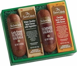 The Swiss Colony Cheese & Sausage 4-Pack – Original and Garlic Summer Sausages with Bacon, and Vegetable Cheese, Charcuterie Gift Basket for Holiday, Thank You Gifts, Adults, Women, Men, 14 oz.