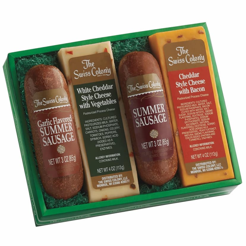 The Swiss Colony Cheese & Sausage 4-Pack – Original and Garlic Summer Sausages with Bacon, and Vegetable Cheese, Charcuterie Gift Basket for Holiday, Thank You Gifts, Adults, Women, Men, 14 oz.