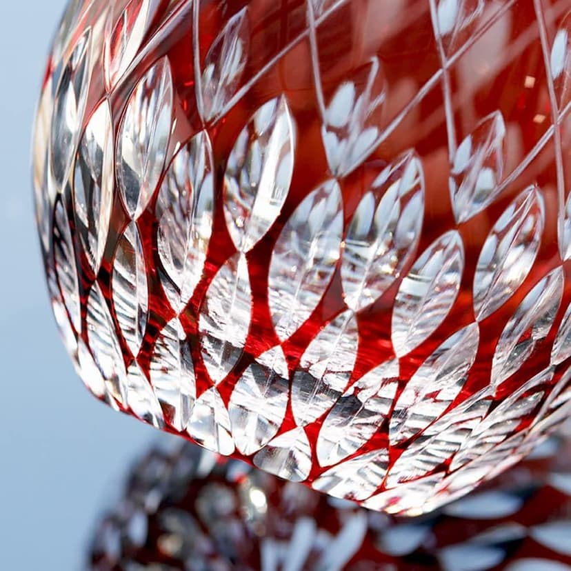 EDO Kiriko Whiskey Glasses Japanese Style 11OZ Unique Shape Colored Hand Carved Glass Tumbler for Bourbon Lovers - Style Glassware for Rum - Rocks Glass in Gift Box (Red)