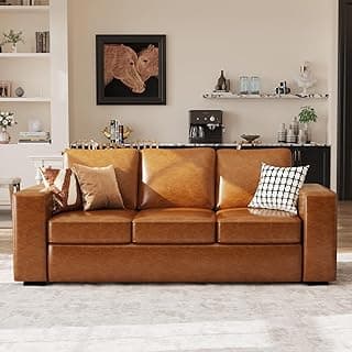 ABCASA 85" Sofa Couches for Living Room, Faux Leather Sofa, 3-Seater Comfy Modern Couch for Apartment Office,Brown