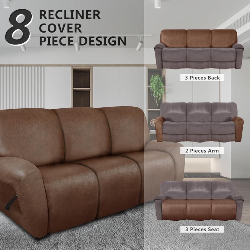 molasofa Recliner Sofa Covers - Leather Like Recliner Sofa 3 Seater Recliner Couch Covers for 3 Cushion Couch 8 Pieces Washable Stretch Reclining Sofa Slipcovers (Brown)