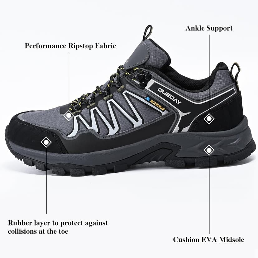 Queday Waterproof Hiking Shoes Mens Lightweight Walking Shoes Daily Hike Trekking Trail Outdoor Camping Climbing