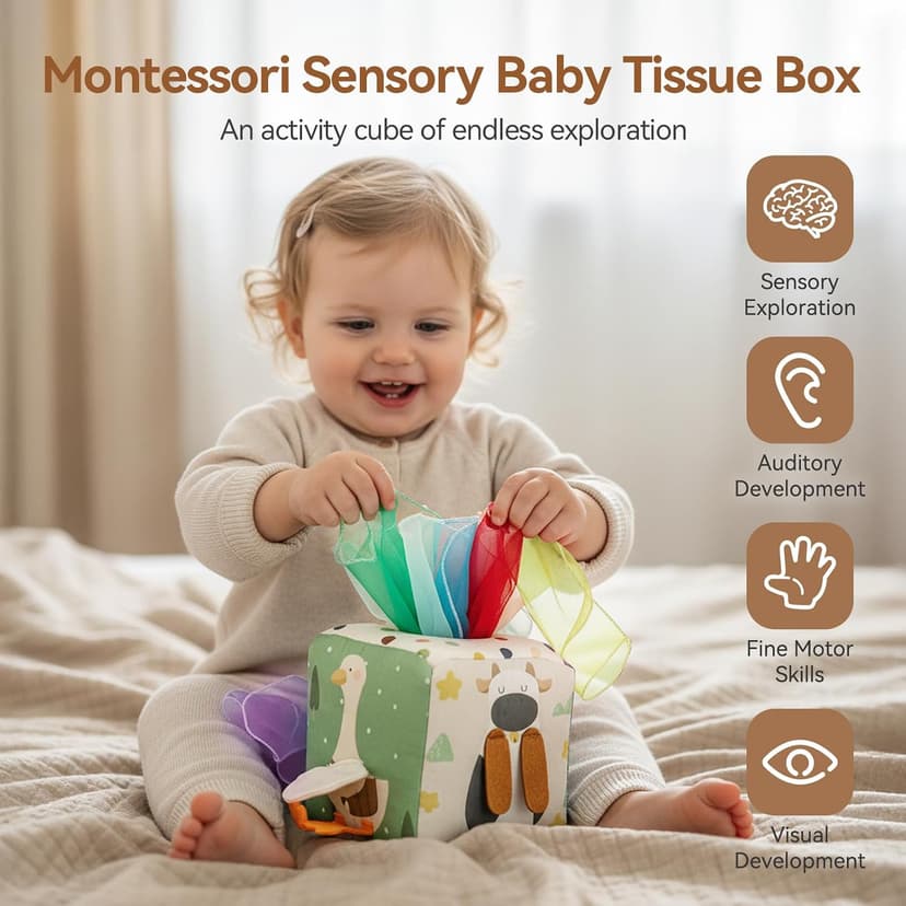 Youuys Baby Tissue Box Toy for Babies 6-12 Months, Montessori Sensory Toys for 1 Year Old Boy, Infant Toy with Crinkle Tissues & Fine Motor, for 6 9 12 18 Months Old Kids 1st Birthday B0DB454GQM