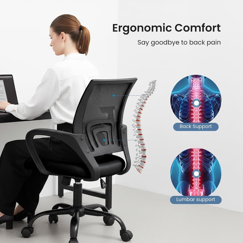 DUMOS Home Office Chair - Ergonomic Mid Back Mesh Desk Chair with Lumbar Support & Rocking Mode, Height Adjustable with Fixed Armrest, for Computer, Gaming, Meeting, 360° Swivel, Black