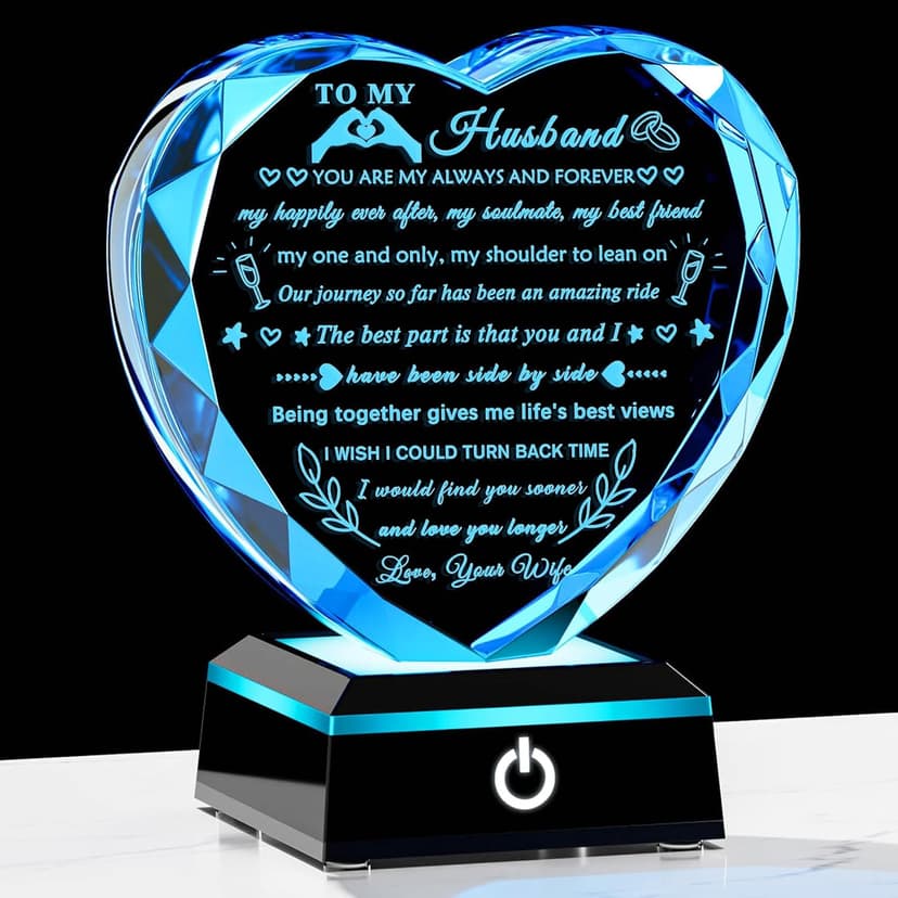 YWHL Gifts for Husband from Wife with Colorful LED Base Anniversary Birthday Gifts for Husband to My Husband Crystal Heart keepsake I Love You Gifts for Him on Valentine Christmas Fathers Day B0D86M2CG9