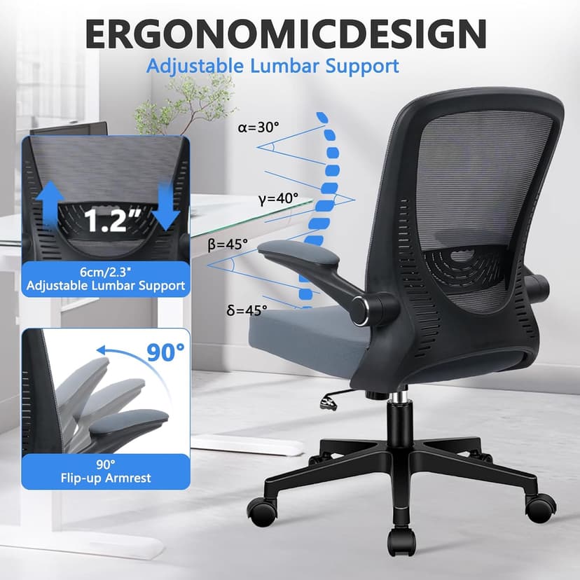 CLATINA Desk Chairs with Wheels, Flip Up Arms Ergonomic Mesh Back Office Chair with Lumbar Support, Adjustable Height Swivel Rolling Computer Task Chairs for School Conference Room Home Study, Grey