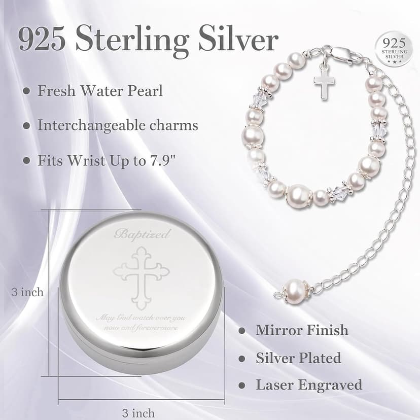 Baptism Bracelet in Sterling Silver and Cultured Pearls for Baby Girls, with Silver-plated Jewelry Keepsake Box, Great Catholic Christening and Baptism Gifts for Girl