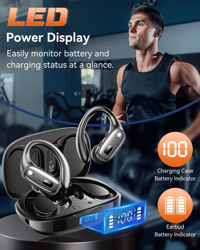 LEEMC Wireless Earbuds, Bluetooth Headphones 5.4, Ear Buds with Hooks for Sports, 80Hr Playtime Earphones, LED Display, IPX7 Waterproof Headset for Workout Running, Black