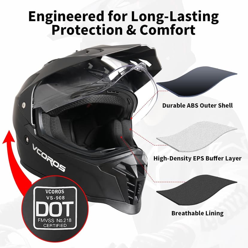 VCOROS Adventure Motorcycle Helmet VS-908 with Visor ATV Dirt Bike Off Road Motocross Full Face Helmet for Adults DOT Approved