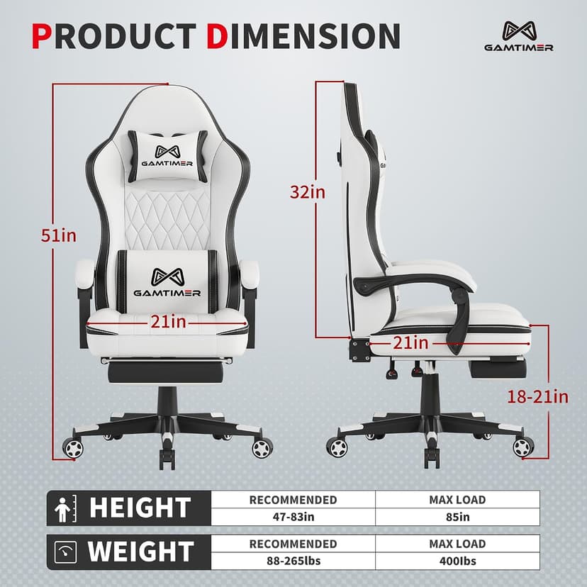 Gamtimer Gaming Chair with Footrest, Ergonomic Computer Chair, PU Breathable Material with Headrest and Lumbar Support, Suitable for Silla Gamer and Adults (White)