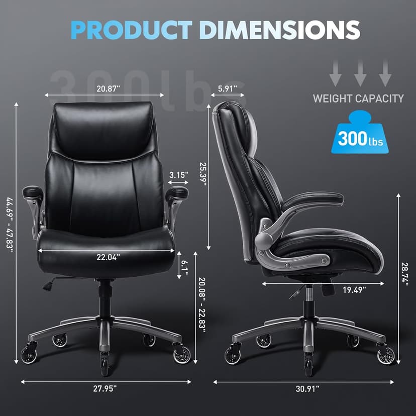 MALOL 300lbs Ergonomic PU Leather Office Chairs, High-Back y Home Computer Executive Chair with Lumbar Support and Flip-Up Arms, Black