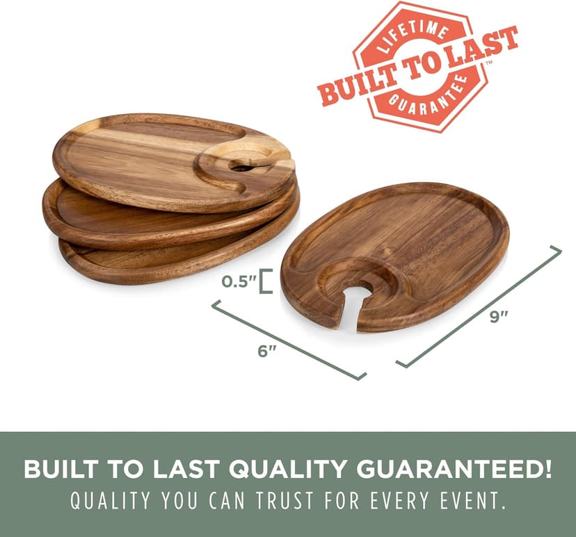 PICNIC TIME Wine Appetizer Plates, Set of 4 Wooden Cocktail Plates with Glass Holder, Mini Charcuterie Boards for Wine and Cheese Parties, Acacia Cheese Board Serving Trays (Oval - Acacia Wood)