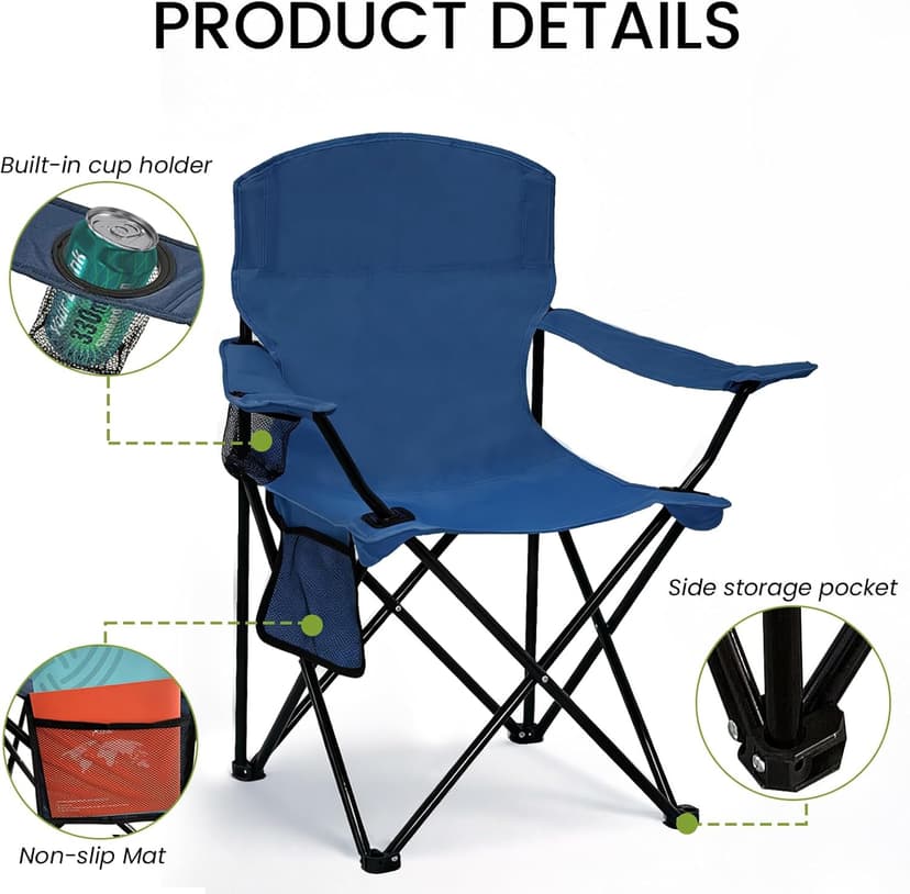 2 Pack Folding Camping Chair with Cup Holder & Side Storage Bag 300lbs Capacity Lightweight High Back Portable for Beach, Picnic, Sport, Cyan