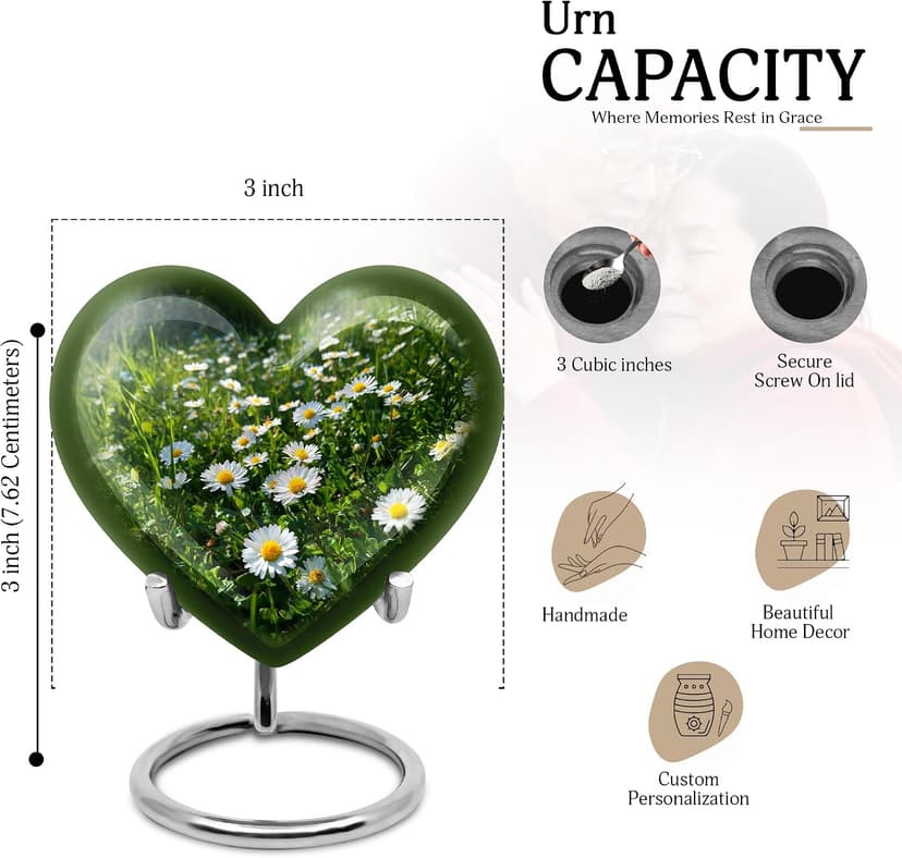 Daisy Small Burial Urns for Human Ashes Adult Male - Keepsake Green Cremation Urn for Mom- Mini White Flower Memorial Funeral Urn for Ashes for Women - 3 Inch Small Urns for Dad B0FJS651WV