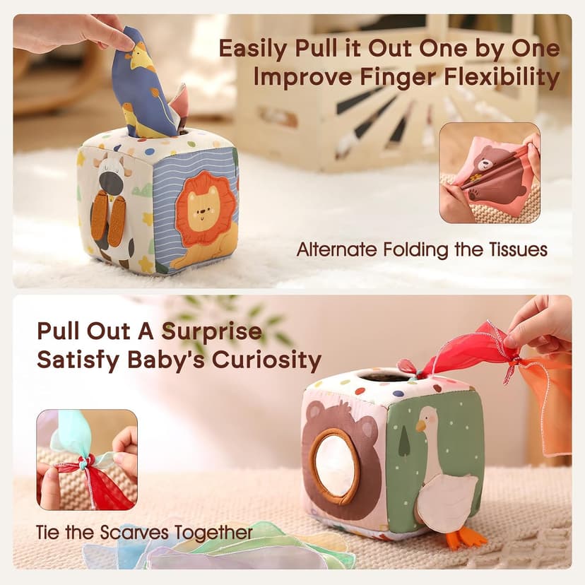 Youuys Baby Tissue Box Toy for Babies 6-12 Months, Montessori Sensory Toys for 1 Year Old Boy, Infant Toy with Crinkle Tissues & Fine Motor, for 6 9 12 18 Months Old Kids 1st Birthday B0DB454GQM