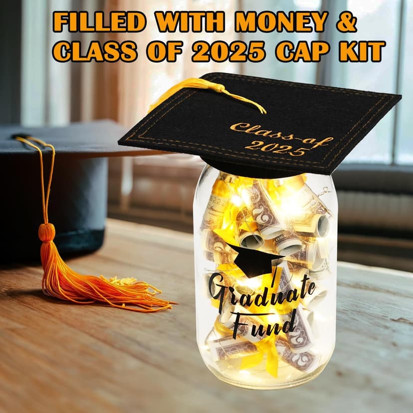2025 Graduation Gifts for Her/Him- Lighted Graduation Mason Jar Filled with Money & Class of 2025 Cap Kit,Graduation Decorations Class of 2025 Graduation Centerpieces, Money Gift Ideas for Boys Girls