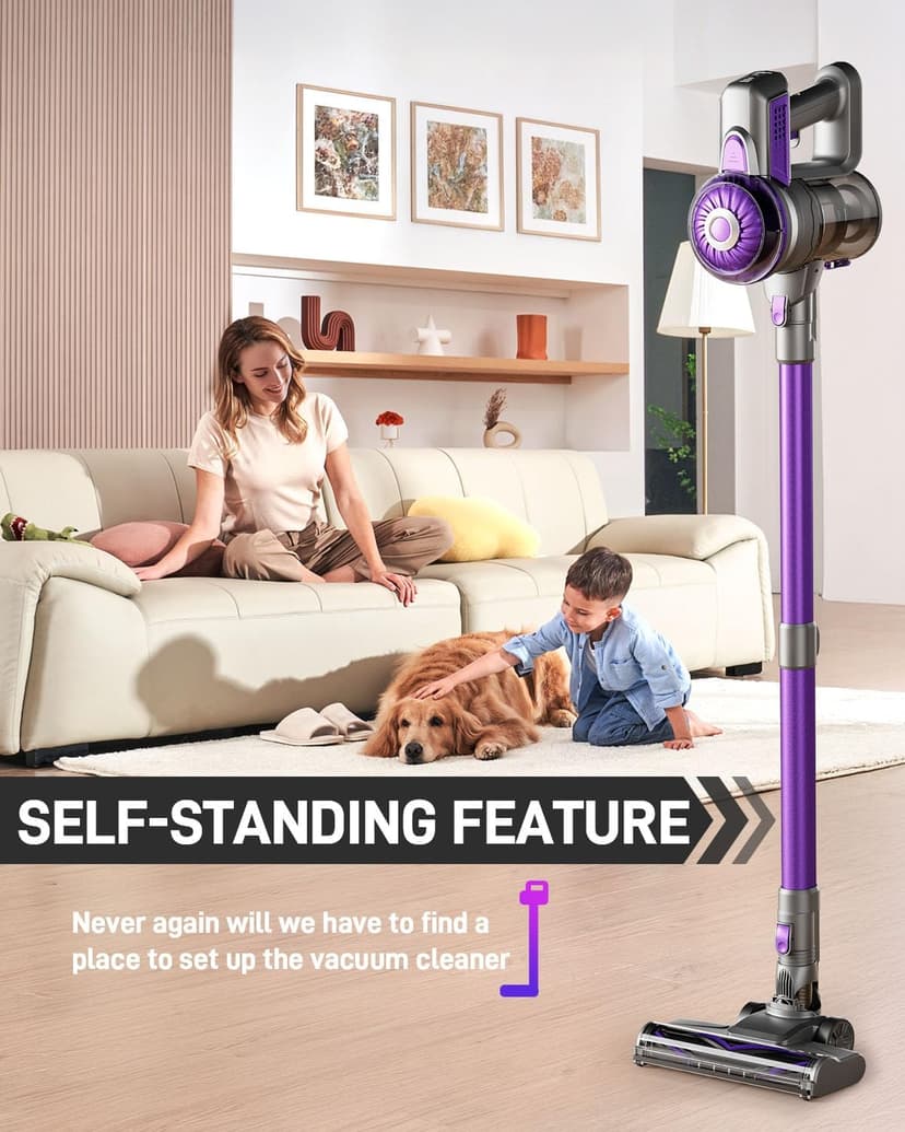 Cordless Vacuum Cleaner, Lightweight Stick Vacuum for Home, Handheld Cordless Vacuum for Hardwood Floor, Carpet & Pet Hair, Powerful Suction, Self-Standing, Purple