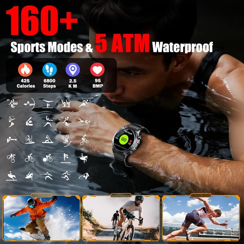 Military Smart Watch for Men Built-in GPS with LED Flashlight Compass, 1.43" AMOLED Display 5ATM Waterproof Fitness Tracker with Heart Rate/Sleep/Blood Pressure, Watches for Android/iPhone, Black