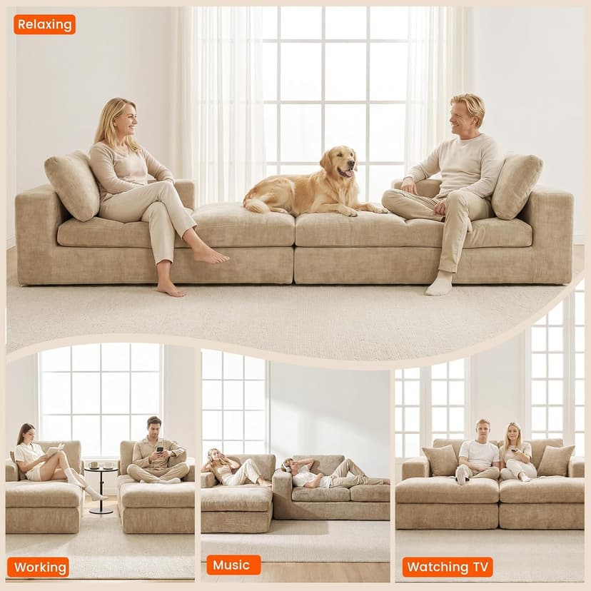 80.7" Oversized Double Chaise Lounge Chair Indoor, Cloud Boneless Sleeper Sofa Bed with 4 Pillows, Extra Deep Seat Cozy Loveseat Couch for Living Room Bedroom, No Assembly Required (Khaki)