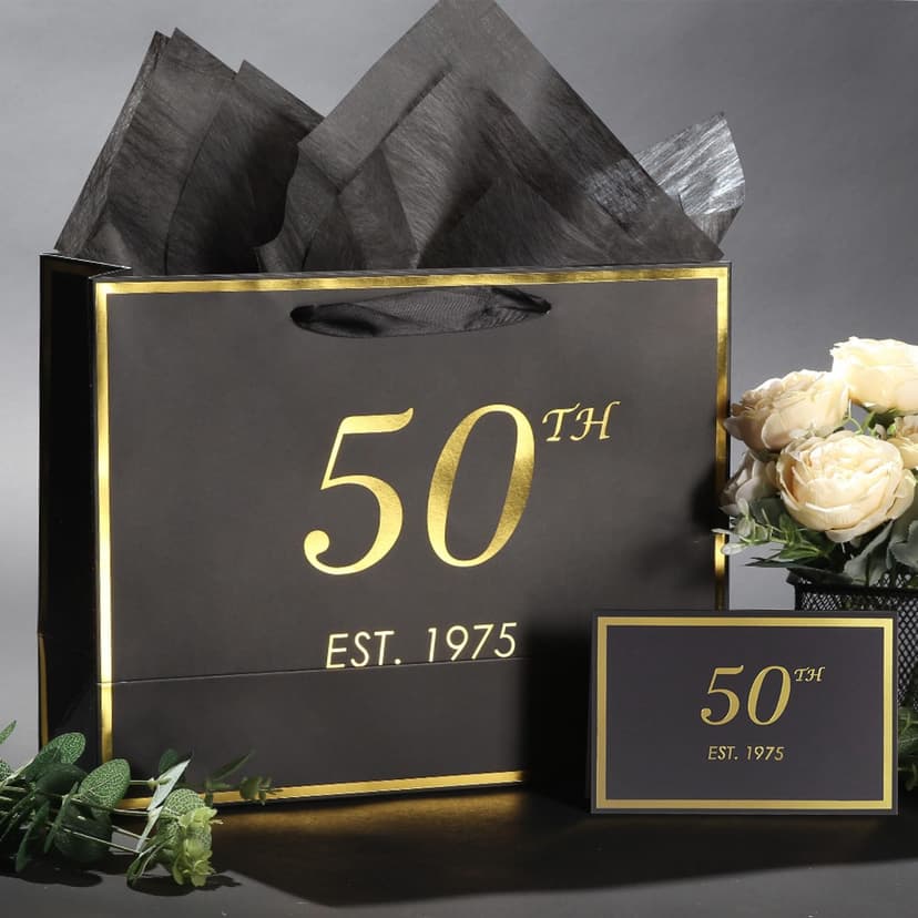 momoake 50th Birthday Gift Bag with Card and Tissue Paper for Men Women Him, 1975 50 Year Old 13" Elegant Black Gold Anniversary Keepsake Party Present Shopping Paper Bags for Gifts Wrapping