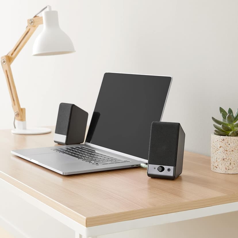 Amazon Basics USB-Powered Computer Speakers with Volume Control for Desktop or Laptop PC, Compact Size, Headphone Jack, Portable, Plug-N-Play, Black