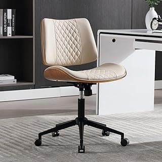 Home Office Chair No Arms with Wheels, Adjustable Height Small Desk Chair, PU Leather Mid Back 360 Swivel Computer Chair, Armless Modern Walnut Chair for Office, Reading Meeting Room(Beige)