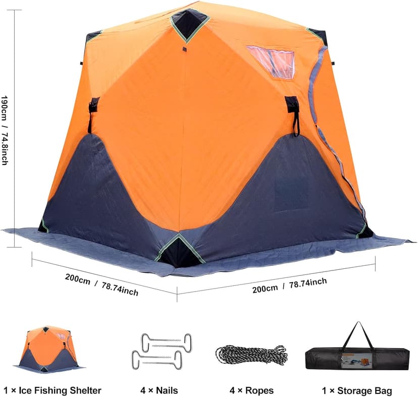 ABXMAS Ice Fishing Shelter 3-4 Person, Portable Insulated Ice Fishing Tent with Stove Jack, Hub-Style Shelter Shanty Waterproof 600D Insulated Layer 2 Doors 2 Windows for Winter