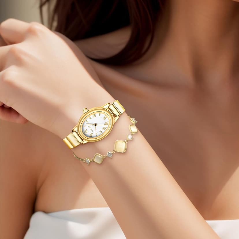 VAVC Small Gold Watches for Women,Analog Womens Watch with Stainless Steel Expansion Band,Oval Case Roman Dial,Water Resistant