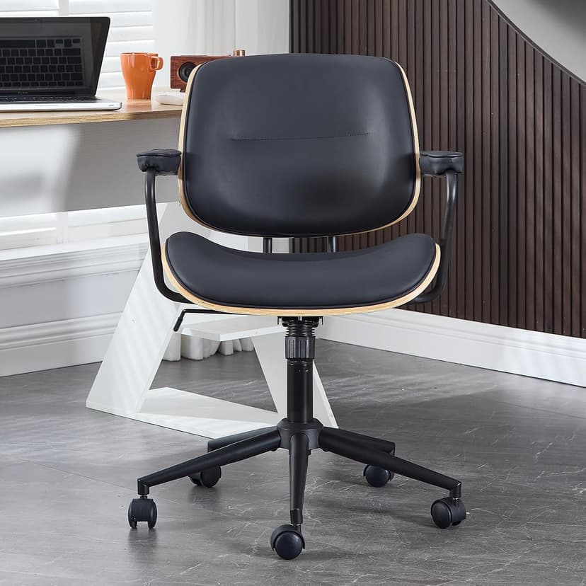 BV BONNE VIE Mid Century Walnut Office Chair with Arms, Adjustable Swivel Desk Chair, Leather Computer Chair with Rolling Wheels for Home Office or Study Room, Black