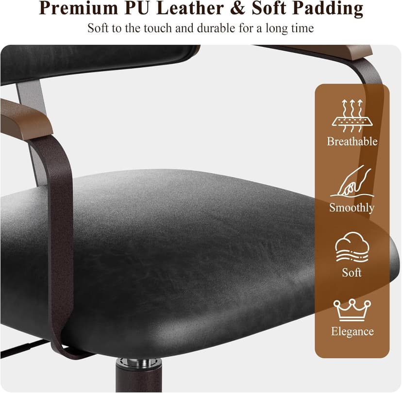 Mid-Century Modern Desk Chair with Walnut Bentwood Design,Retro Home Office Chair with Adjustable Height,360°Swivel,Smooth Rolling Casters,Small Computer Chair PU Leather (Black)