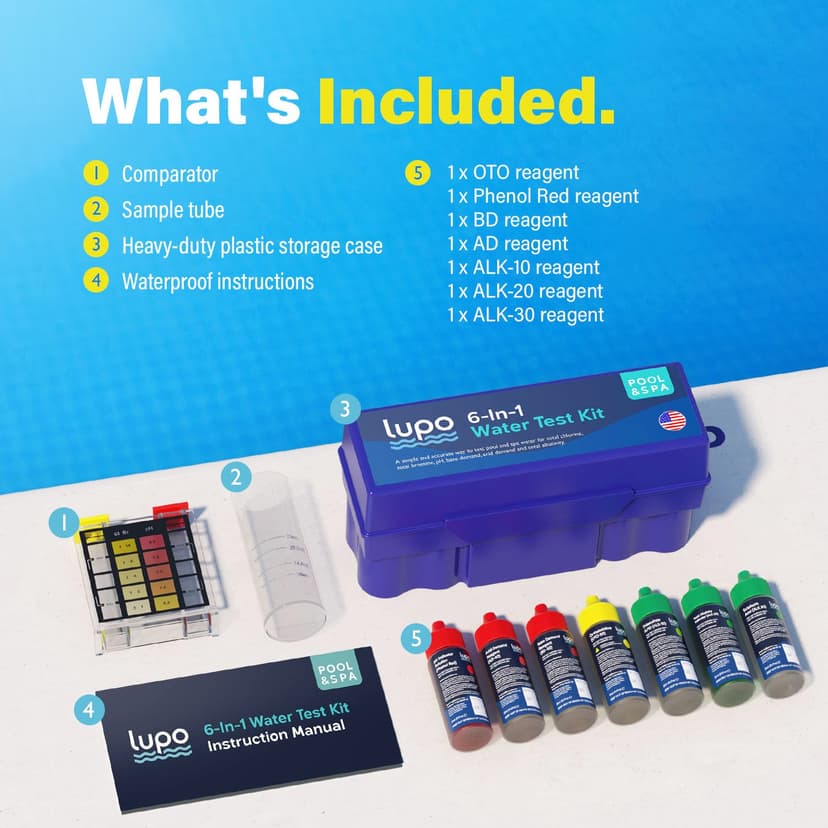 Lupo 6-in-1 Pool Test Kit | Pool Testing Kit for Residential Swimming Pools & Spas for Testing Total Chlorine, Total Bromine, pH, Base Demand, Acid Demand & Total Alkalinity Quick & Accurate Testing