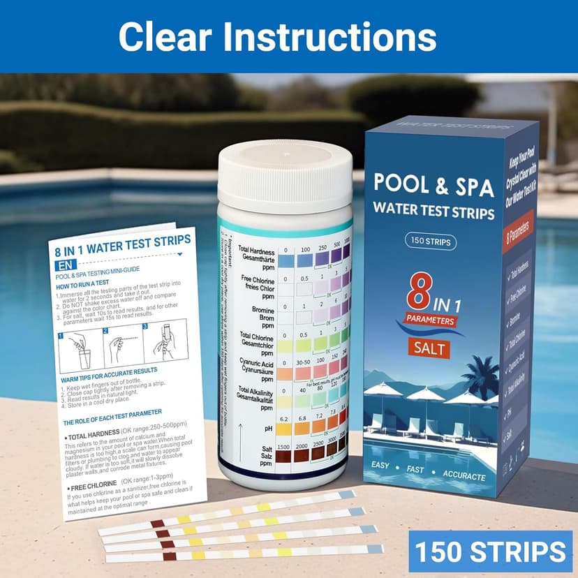 All-New 2026 8-in-1 Pool Test Strips -150 CT Pool Salt Test Strips | Salt Water Pool Testing Kit for Salt Water Pools, in & Above-Ground Pools, Hot Tubs&Spas| Quick&Accurate Testing Chlorine,pH,Salt