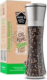 HOME EC Original Stainless Steel Salt or Pepper Grinder 1pk - Adjustable Ceramic Sea Salt Grinder or Pepper Mill - Tall Glass Spice Shaker - Spice Mill w/EBook B082V134CK