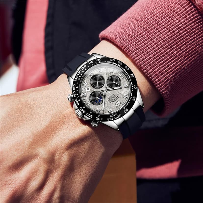 OLEVS Men's Watches Chronograph Multifunction Sport Silicone Luxury Diamond Moon Phase Quartz Male Watch Waterproof Wrist Watch