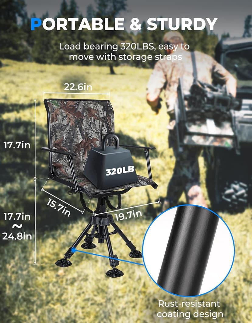 KEMIMOTO Hunting Blind Chair 360 Degree Silent Swivel, 300 Lbs Height Adjustable Quick Folding Portable Comfortable Hunting Deer Fishing Ground Chair