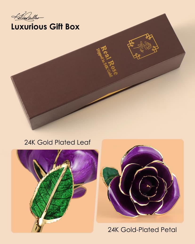 Handpicked real rose dipped in 24K gold; a one-of-a-kind keepsake for women on Valentine’s Day, Mother’s Day & anniversaries 24K Gold Dipped Real Rose, Forever Flower, Purple B0F93N2SKX
