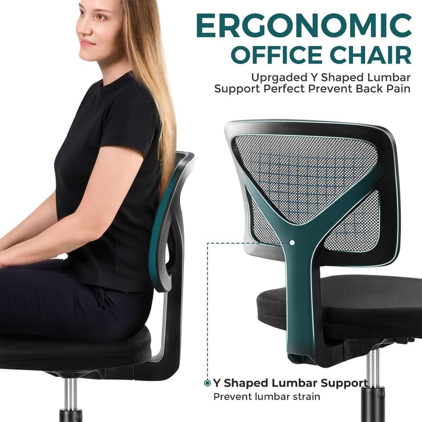 DUMOS Armless Office Chairs with Wheels, Ergonomic Adjustable Home Desk Swivel Rolling Task Chair No Arms, Comfy Mesh Mid Back Computer Work Vanity Desk Chairs for Small Spaces, New Black