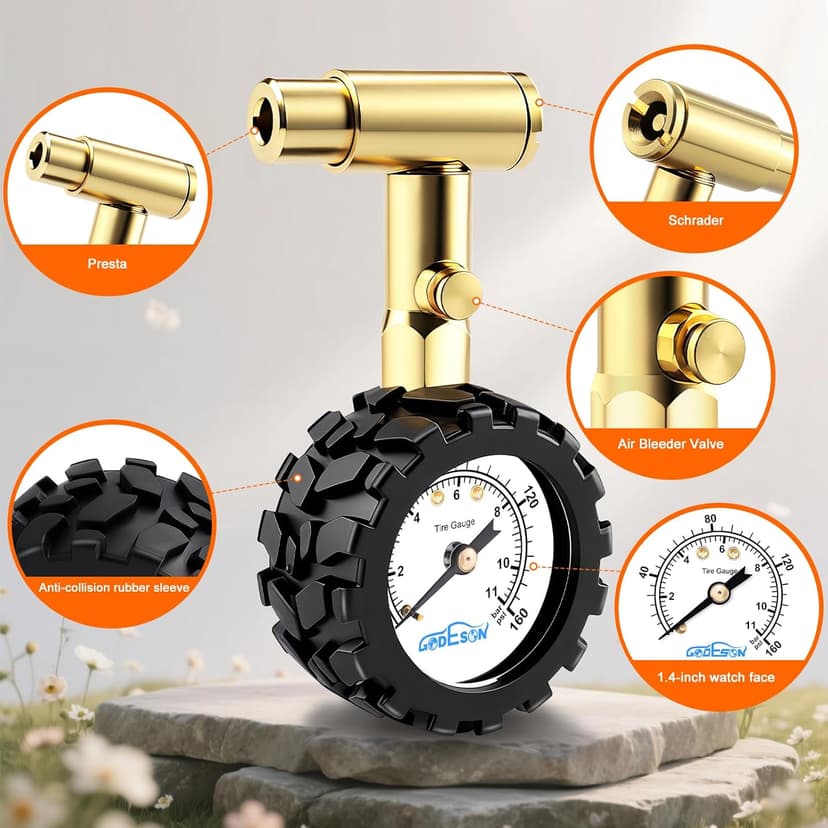 GODESON 1.5-Inch Bike Tire Pressure Gauge, Dual-Valve for Presta & Schrader Valves, 0-160 PSI/11 BAR with Gear Protection Sleeve, Fits MTB, Road, E-Bikes, Motorcycles & Trucks