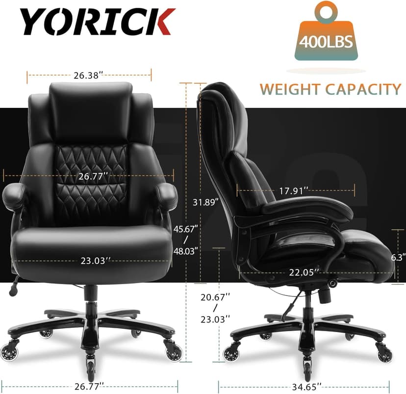 Big and Tall 400lbs Office Chair - Adjustable Lumbar Support Quiet Rubber Wheels Heavy Duty Metal Base, High Back Large Executive Computer Desk, Thick Padded Ergonomic Design for Back Pain (Black)
