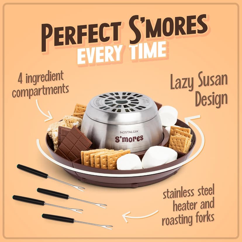 Nostalgia Tabletop Indoor Electric S'mores Maker - Smores Kit With Marshmallow Roasting Sticks and 4 Trays for Graham Crackers, Chocolate, and Marshmallows - Movie Night Supplies - Brown