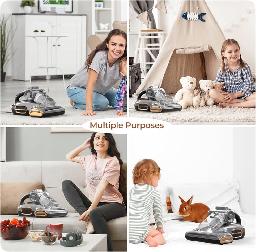 JIGOO T600 Bed Vacuum Cleaner with UV-C Light, 15Kpa Suction 700W Powerful Double Cup Handheld Vacuums, Mattress Vacuum Cleaner with Smart Dust Sensor, Ultrasonic & Heating Tech, HEPA Filter - Corded