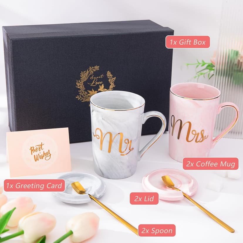 Gifts for Anniversary Bride and Groom, 14oz Ceramic Mr and Mrs Mug Set with Real Gold Foil, Greeting Card, Gift Box Biching Wedding Gifts for Couples 2026, Bridal Shower Engagement Gift B0CF3SG6DX