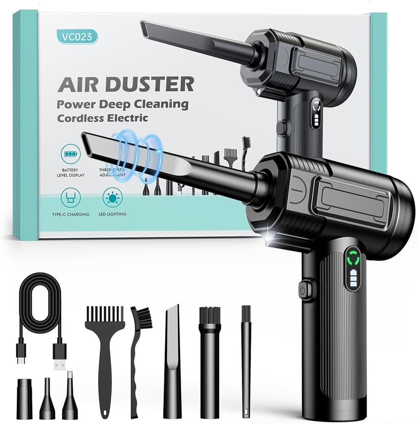 Compressed Air Duster: 100000RPM Electric Air Duster with LED Light Mini Air Blower Rechargeable Cordless Keyboard Cleaning Jet Dry Blower - Car, PC and Home Cleaning Kit Replaces Compressed Air Can