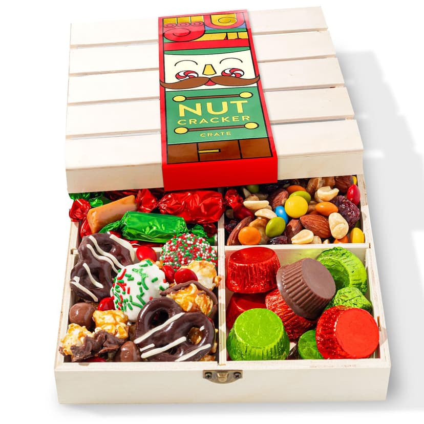 Christmas Gift Basket, Holiday Gourmet Treats- Variety Snack Crate- Candy Tray Food Assortment Idea- For Women, Men, Family 4 Section- Bonnie and Pop