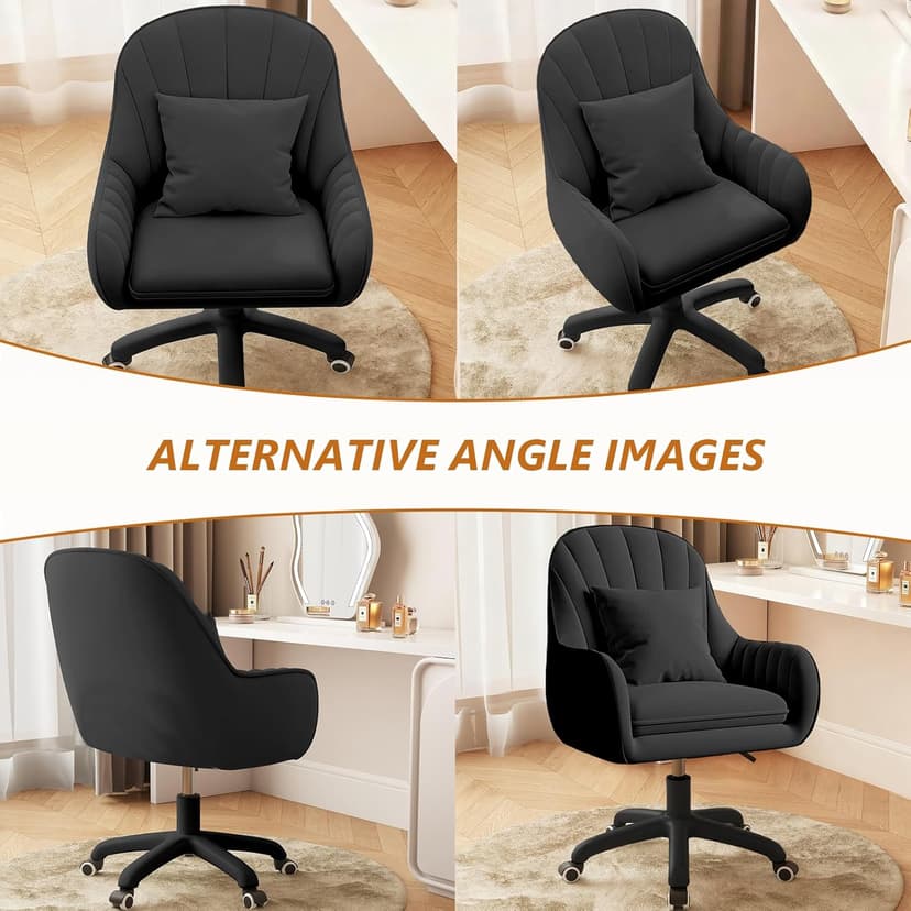 JPBSTO Upholstered Desk Chair with Pillow Swivel Rolling Accent Chair for Women Girls, Adjustable Height Vanity Chair with Wheels for Living Room, Home Office, Black