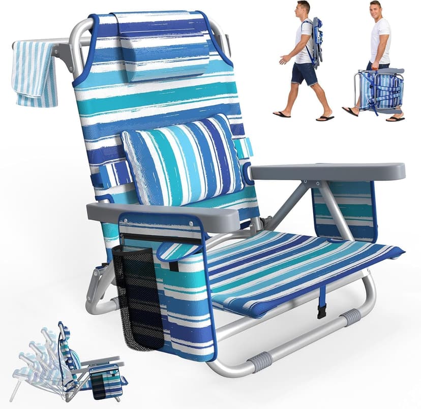 Suteck Backpack Beach Chairs for Adults, 5-Position Lay Flat Reclining Chair with Cooler Pouch, Cup Holder, Towel Bar, 2-Pack Portable Folding Beach Chair for Lawn Outdoor (1, Light Blue)