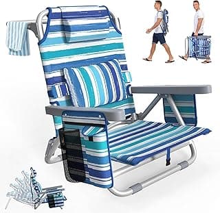 Suteck Backpack Beach Chairs for Adults, 5-Position Lay Flat Reclining Chair with Cooler Pouch, Cup Holder, Towel Bar, 2-Pack Portable Folding Beach Chair for Lawn Outdoor (1, Light Blue)
